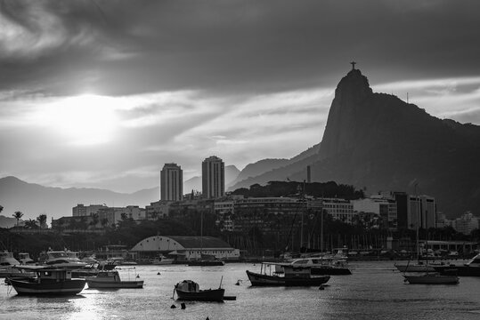 Corcovado and Guanabara Bay Seen from Mureta da Urca in Black and White - Rio de Janeiro, Brazil