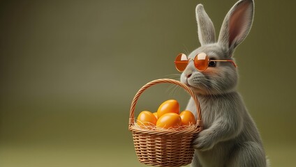 Grey fluffy rabbit with orange sunglasses holding straw basket with orange Easter eggs. Festive holiday illustration for spring celebration.