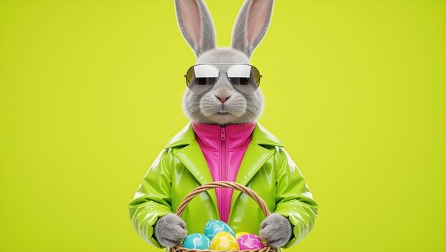 Easter bunny wearing cool sunglasses and bright green jacket, holding a basket of colorful egg. Fun holiday celebration concept.