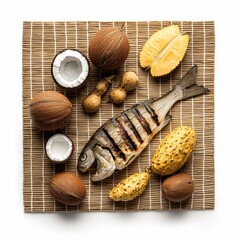 Delicious grilled fish served with tropical fruits including coconuts, jackfruit, and other exotic produce creating a vibrant and nutritious seafood presentation.