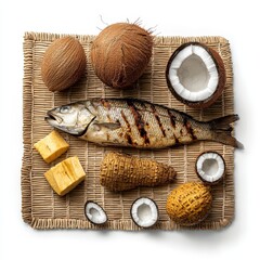 Grilled fish and coconuts are artfully arranged on a woven mat creating a tropical seafood display showcasing culinary ingredients with fresh presentation.