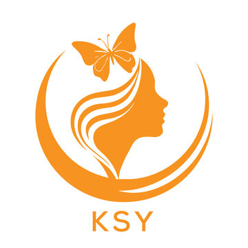 KSY Abstract Beauty Logo. KSY Female Face and Butterfly. KSY Symbol in Orange Color.
