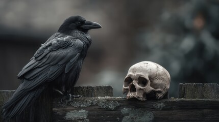 Obraz premium Raven Perched on Weathered Wooden Fence Beside Human Skull with Atmospheric Background