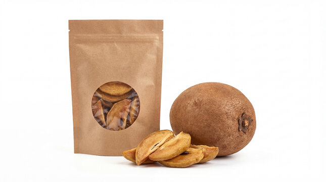 Dried sapodilla fruit slices in a kraft paper pouch with a whole fresh sapodilla