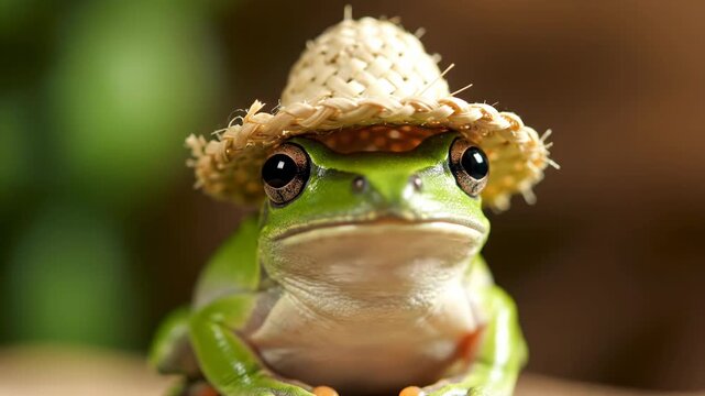 Funny Frog Wearing Straw Hat Closeup.