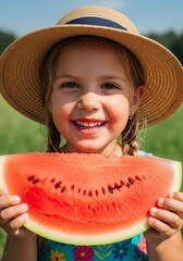 Smiling Little Girl with Watermelon Slice in Summer Meadow Portrait