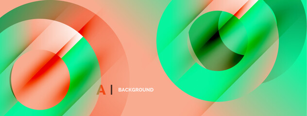 Fototapeta premium Abstract design features overlapping circles, gradients. Colors include coral, green, pale peach. Modern aesthetic, dynamic composition.