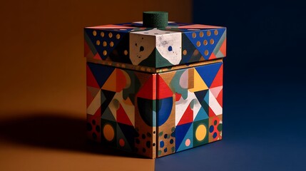 Colorful, geometric-patterned gift box on brown and blue background