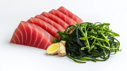 Slices of fresh red tuna sashimi served with seaweed salad and ginger root are arranged on a bright white background to highlight their vibrant colors and texture.