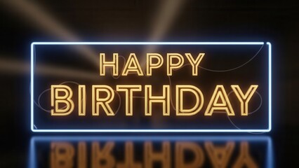 Happy Birthday Neon Light Sign with Blue Frame and Gold Text on Dark Background