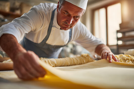 Chef Carefully Lays Final Pasta Sheet in Studio Kitchen Setting - Powered by Adobe
