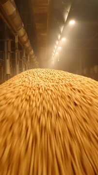 Vast piles of golden grains fill a large industrial facility under bright lights