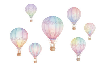 Colorful watercolor hot air balloons floating in the sky with a soft pastel palette