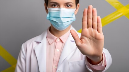 Female doctor in mask gesturing stop to prevent spread of the virus effectively