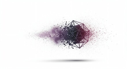 Geometric shape disintegrating into dust particles spreading across a white void symbolizing increasing thermodynamic disorder, macro, maximum, irreversible