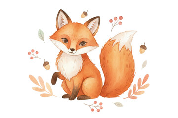 Obraz premium Cute cartoon fox with autumn leaves and acorns in watercolor style
