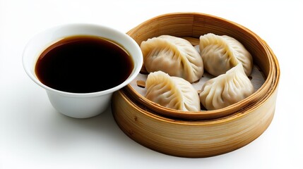 Steaming hot dumplings are arranged in a bamboo steamer basket, paired with a small bowl of dark soy sauce, ready to be enjoyed as a delicious Asian snack.