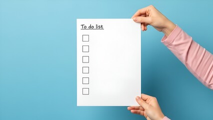Hands holding a to do list, emphasizing productivity and organization against a blue background