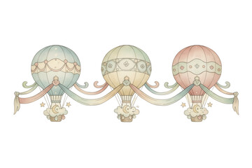 Obraz premium Delicate pastel illustration depicting three air balloons in a whimsical dreamy aesthetic style