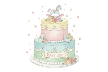 Delicate Watercolor Cake Depicting a Baby Shower Celebration with Pastel Tones and Decorations