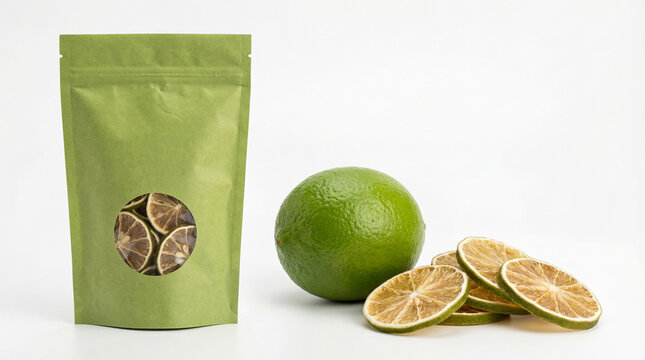 Green stand-up pouch showcasing dried lime slices next to a fresh whole lime