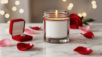 Elegant scene with a lit candle, rose petals, and a sparkling engagement ring, perfect for a romantic proposal or a heartfelt anniversary celebration