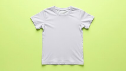 Minimalist Blank White Cotton Short Sleeve T-Shirt Mockup, Flat Lay Top View on Green Background