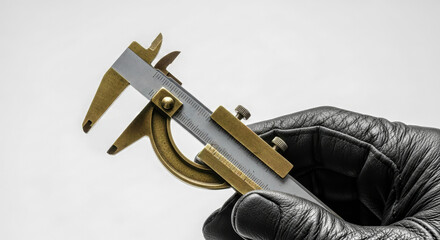 Hand in black leather glove holding vintage brass vernier caliper, measuring precision tool on white background