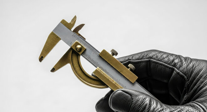 Hand in black leather glove holding vintage brass vernier caliper, measuring precision tool on white background