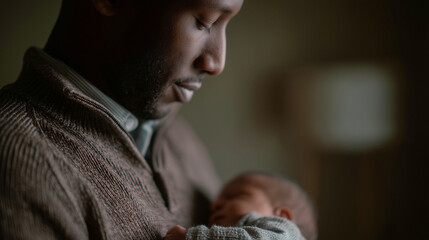 Intimate close-up of a tender Black father holding his newborn baby