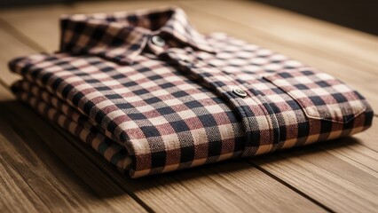 Folded Brown and Black Plaid Flannel Shirt on Wooden Surface