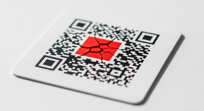 Broken QR Code with Cracked Red Center Symbolizing Digital Failure and Security Breach - Powered by Adobe
