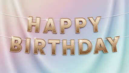 Golden Metallic 'Happy Birthday' Text Garland on Soft Pastel Gradient Background