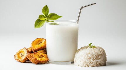 Creamy white beverage served in a glass alongside fried plantains and white rice, garnished with fresh green leaves and presented on a clean background.