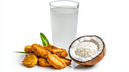 Golden fried bananas and refreshing coconut water are presented against a pristine white backdrop creating a light and inviting culinary experience for viewers.
