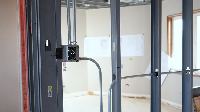 POV of unfinished interior with metal wall framing and exposed electrical wiring for future outlets and switches. building infrastructure during renovation, construction.