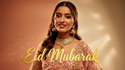 Woman in pink sari with gold jewelry and Eid Mubarak text