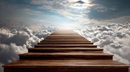 Enchanted Staircase Ascending into a Bright Sky Filled with Light and Soft Clouds