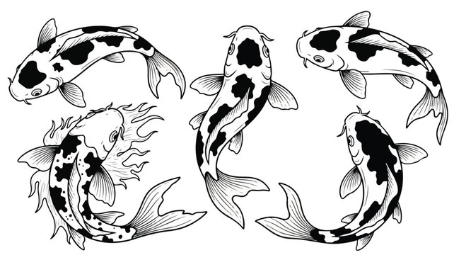 Black and white illustration of five koi fish swimming in a circular pattern on a plain white background.