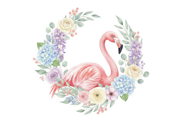 Elegant Flamingo Adorned with Floral Wreath Displaying a Watercolor Design
