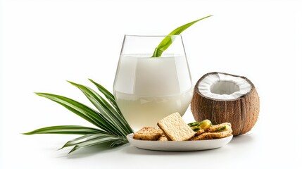 A refreshing glass of coconut water with a piece of coconut, biscuits, and green leaves, all set against a clean white background for a healthy snack treat.
