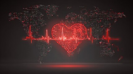 Luminous Red Heart with ECG Line Overlay on World Map Background for Health and Wellness Themes