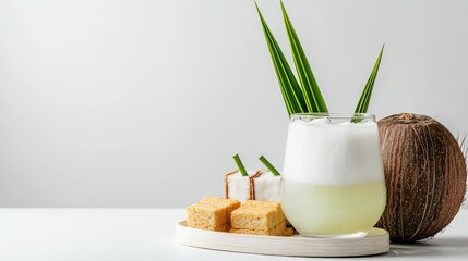 A refreshing glass of coconut water with ice sits alongside coconut candy, accompanied by a whole coconut, all presented on a white tray against a clean backdrop.