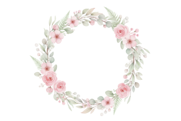 Elegant floral wreath featuring pink roses and delicate foliage for artistic displays