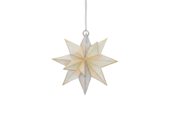 Elegant handcrafted paper star ornament suspended by a string for holiday decoration
