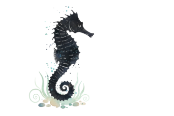 Elegant Illustration of a Black Seahorse with Ornate Aquatic Plant Elements for Artistic Design