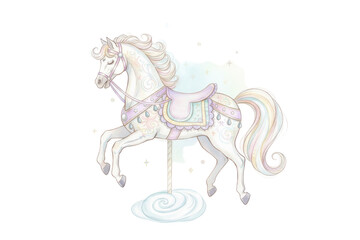 Naklejka premium Elegant Illustration of a carousel horse, with a saddle, and a whimsical cloud below it
