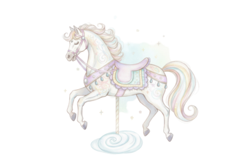 Elegant Illustration of a carousel horse, with a saddle, and a whimsical cloud below it