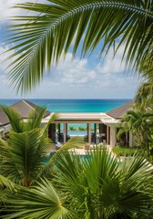 Fototapeta premium Tropical Villa Overlooking Turquoise Ocean Framed by Palm Leaves