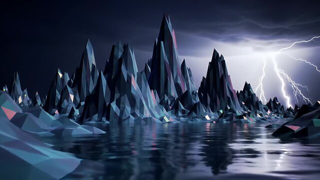 Abstract Digital Landscape of Sharp Geometric Mountains with Lightning Storm Over Calm Water